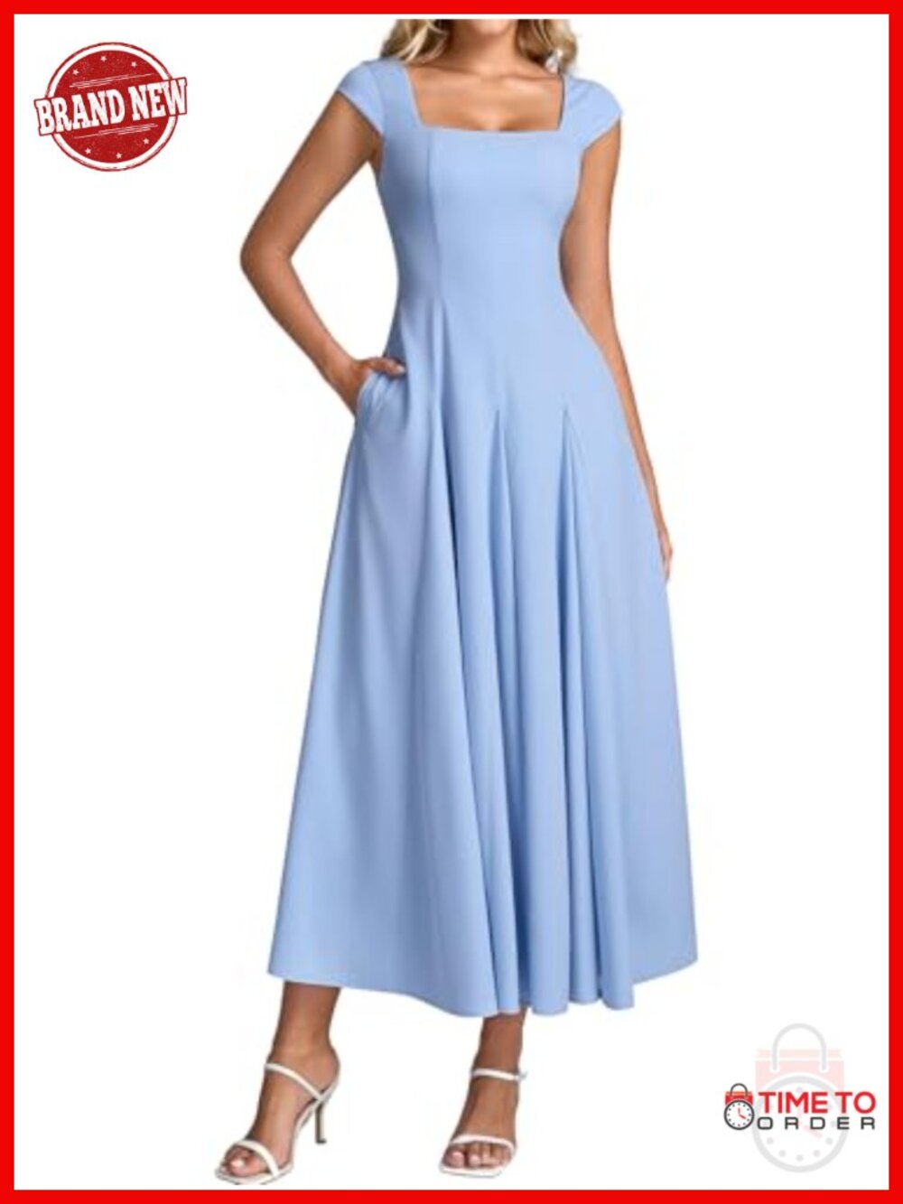 Auraxe Corset Midi Square Neck Wedding Guest Dress with Pockets